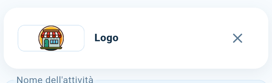 Il riquadro del logo, in cima alla scheda. Toccalo per sceglierne uno; la X lo toglie.