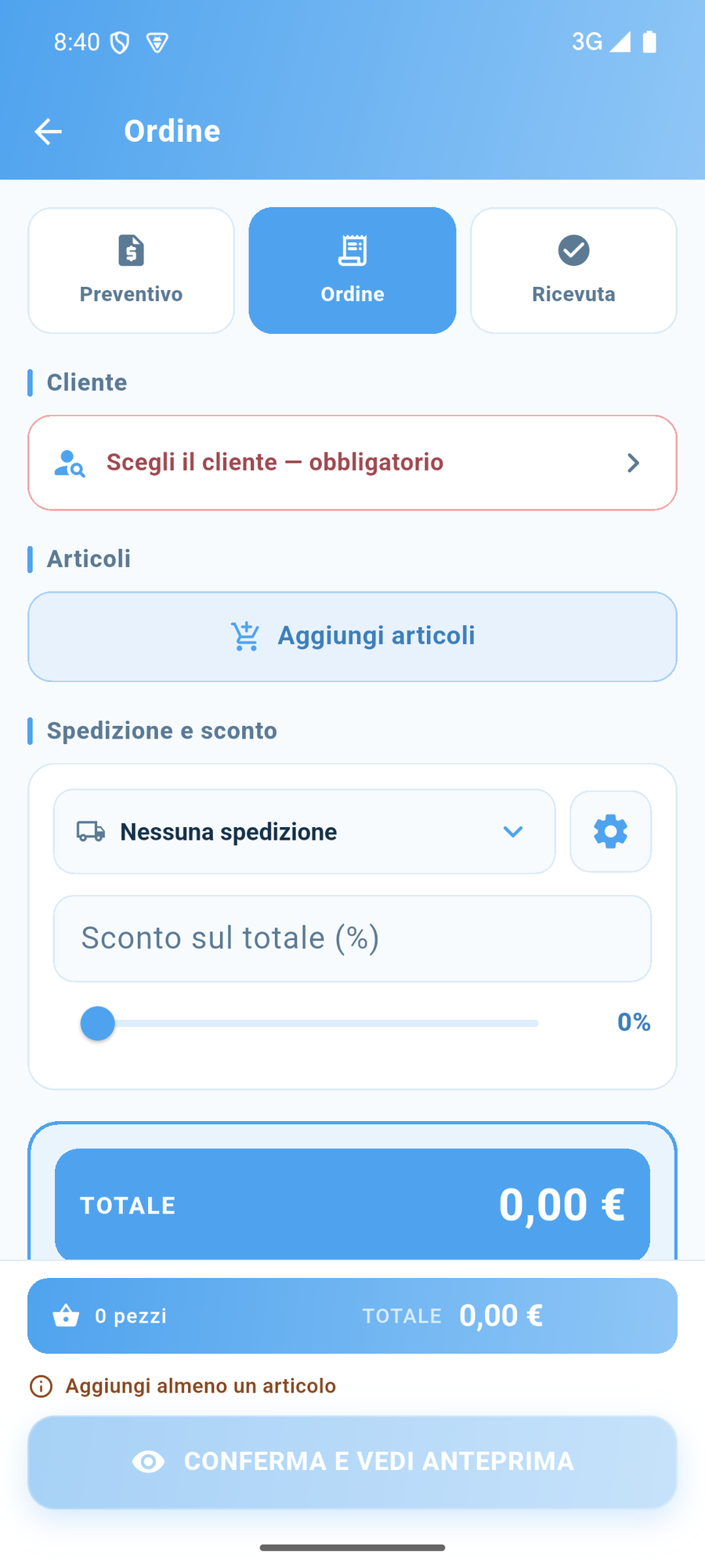 La schermata di creazione di un documento.