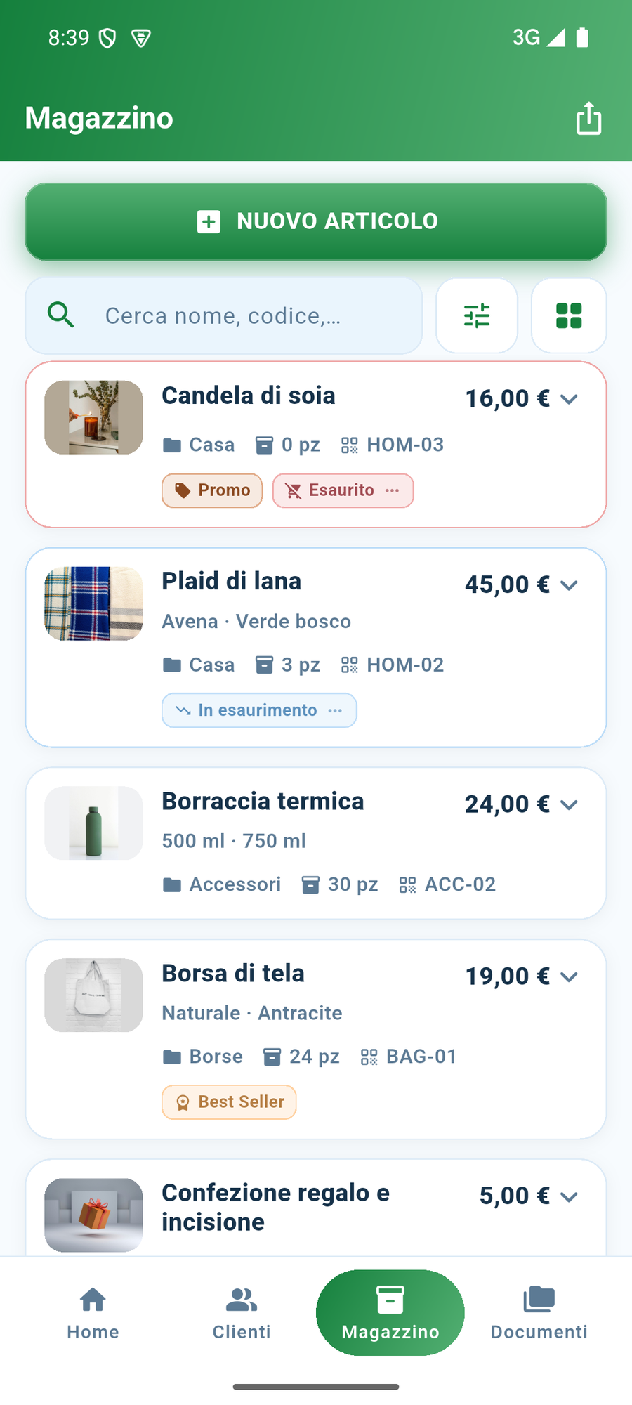 L'elenco del magazzino.