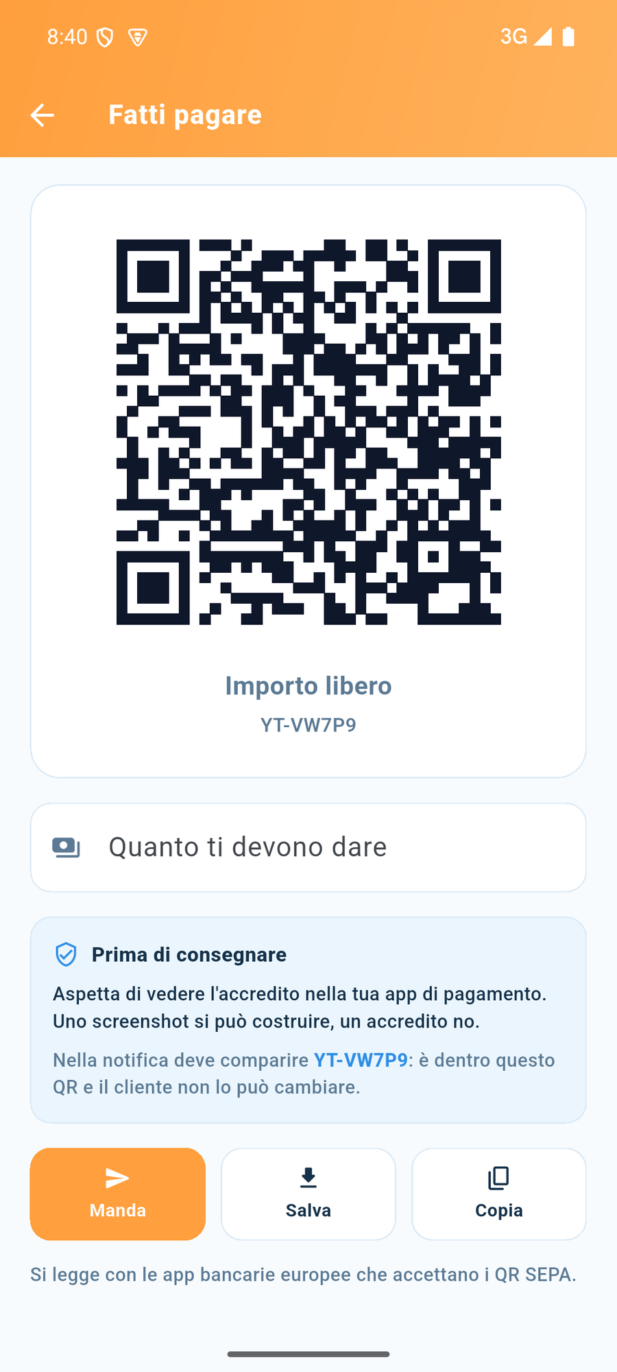 Il QR pronto da mandare, con l'importo scritto dentro.