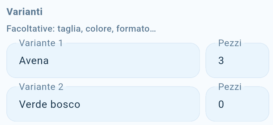 Le righe delle varianti: il nome a sinistra, i pezzi a destra.